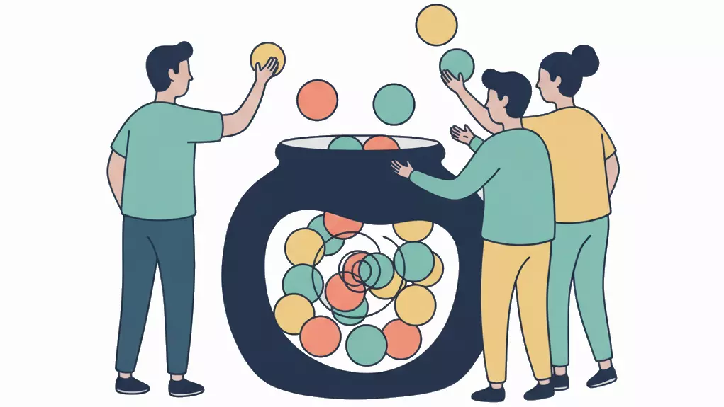 Illustration bienveillante : groupe de personnes ajoutant des bulles d'idées colorées dans une boîte où elles se mélangent visuellement, représentant l'anonymat de manière rassurante