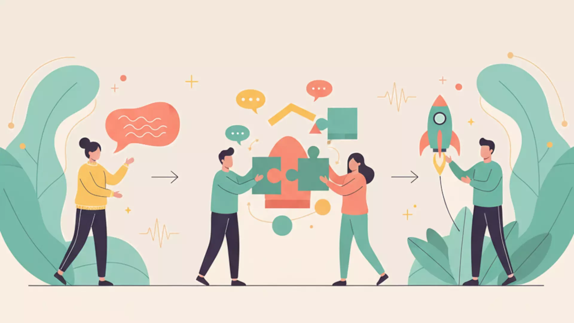 Illustration bienveillante : discussion collaborative autour d'une idée, personnages échangeant et enrichissant une proposition