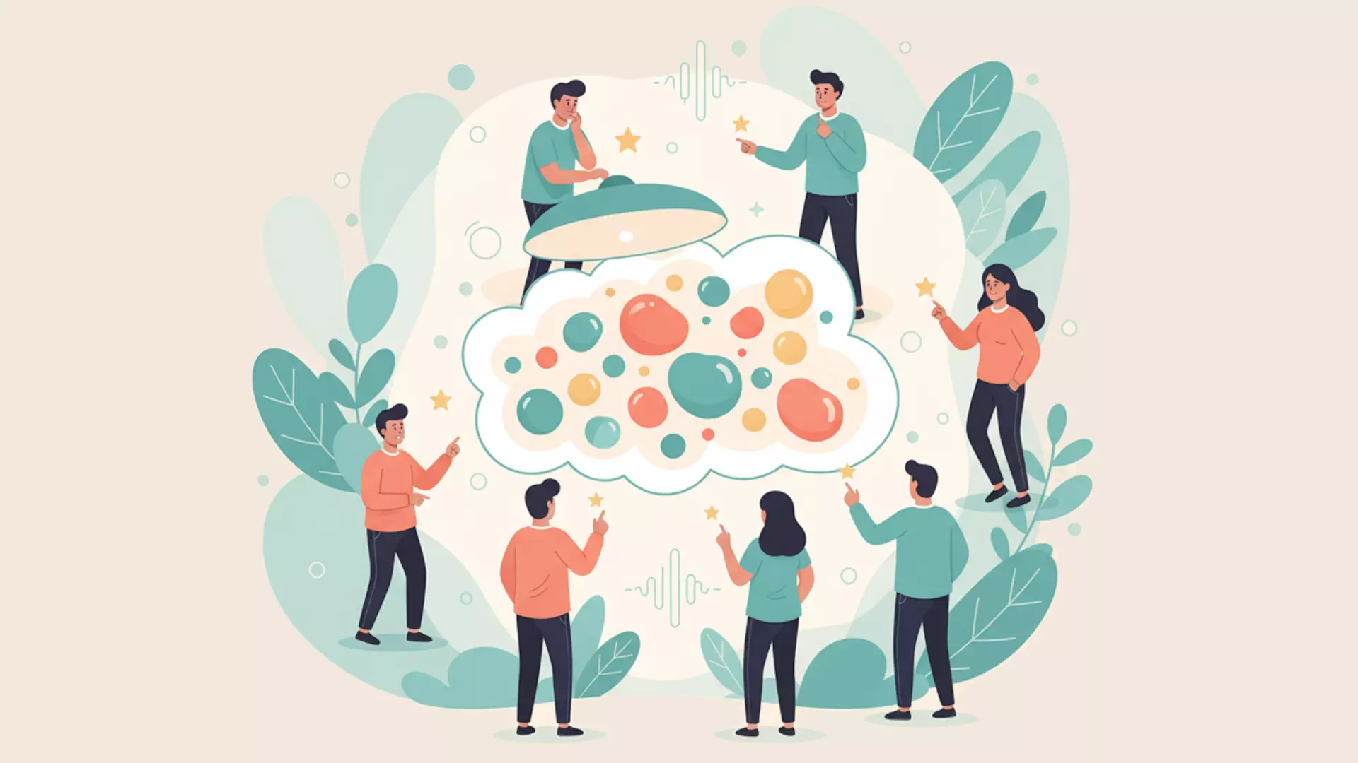 Illustration bienveillante : personnages votant pour des idées, représentation visuelle du processus de vote collaboratif