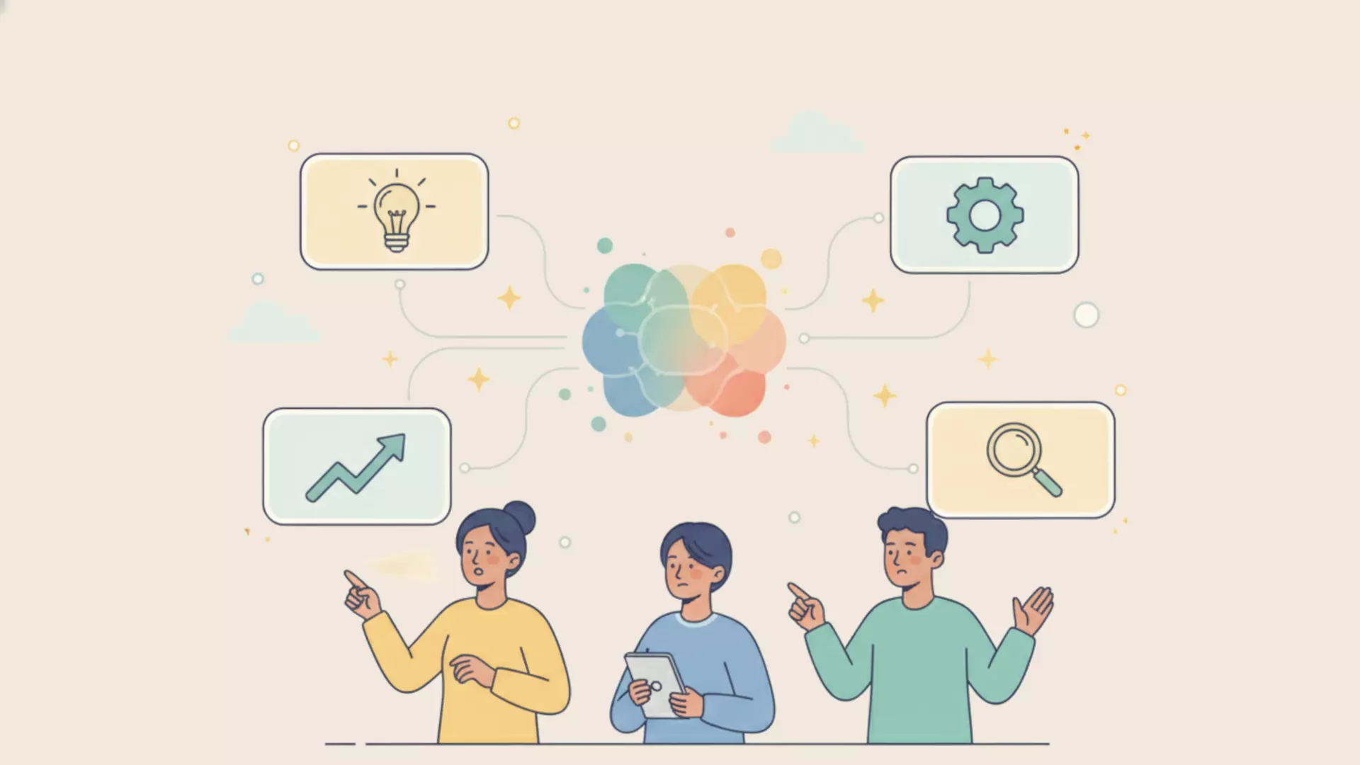 Illustration bienveillante : représentation de l'IA générant des suggestions d'actions, interface rassurante avec des formes organiques