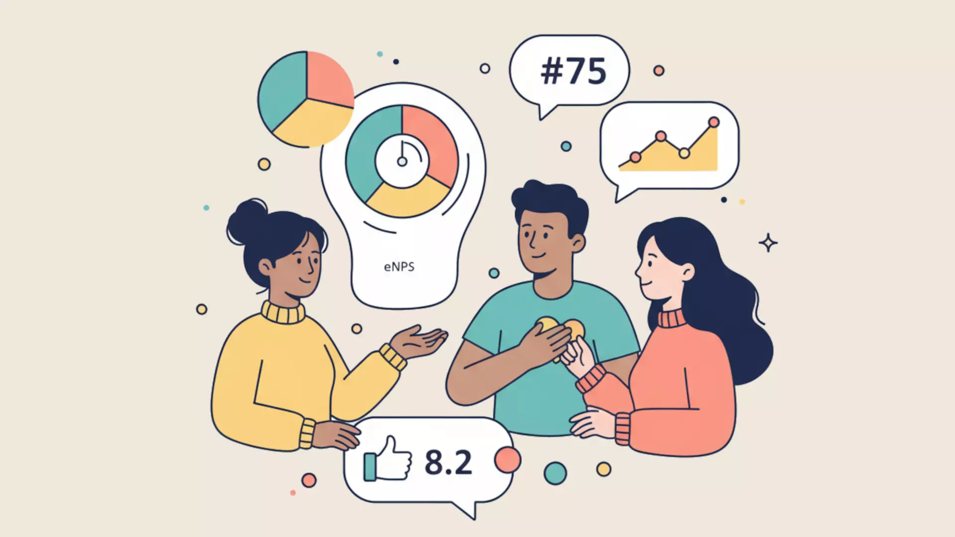 Illustration bienveillante : tableau de bord avec graphiques simples, métriques eNPS et satisfaction présentées de manière claire et positive