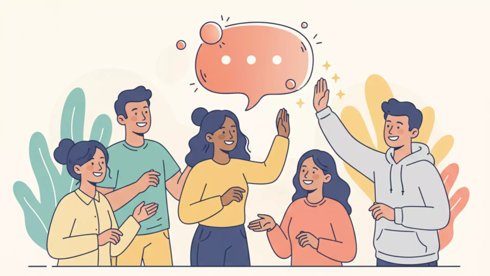 Illustration bienveillante : groupe de personnes diverses dans un environnement chaleureux, échangeant des idées et des feedbacks positifs, avec des formes organiques et arrondies