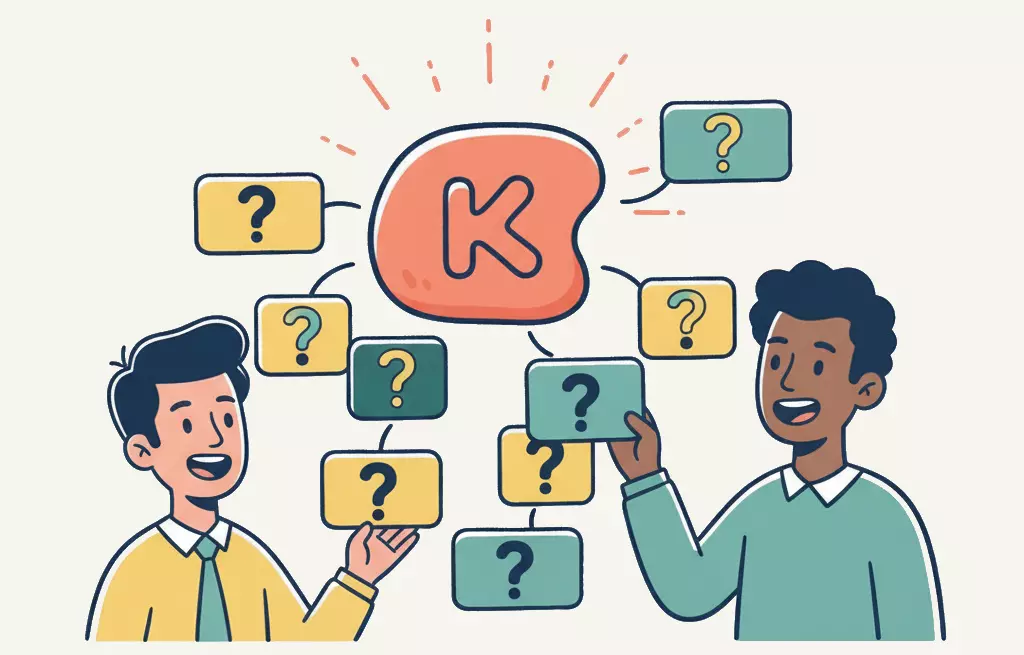 Illustration bienveillante : représentation de l'IA créant un questionnaire personnalisé, avec des formes organiques et des personnages rassurants