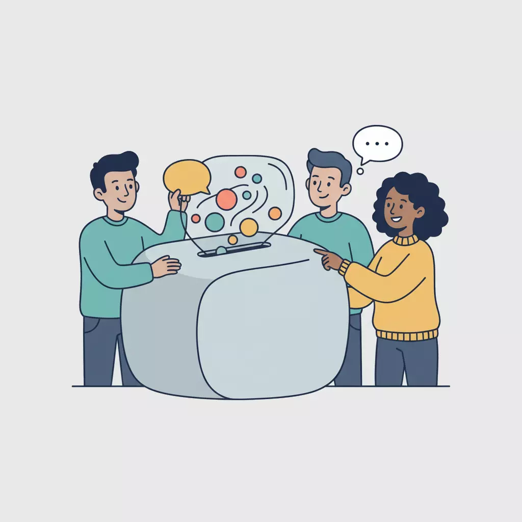 Illustration bienveillante : personnages collaborant autour d'une boîte à idées, avec des bulles d'idées colorées qui se mélangent