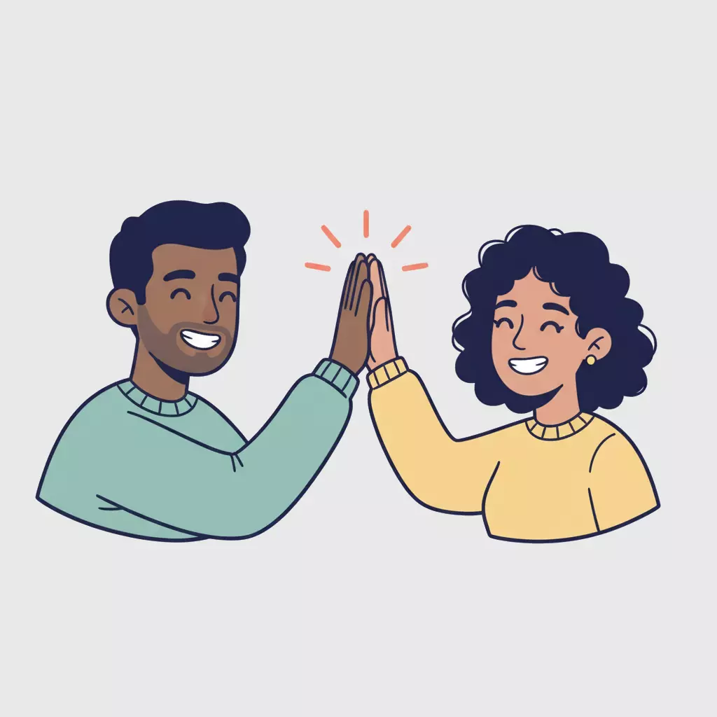 Illustration bienveillante : personnages faisant un high-five ou s'échangeant une étoile/étincelle, dans un style gribouillis maîtrisé