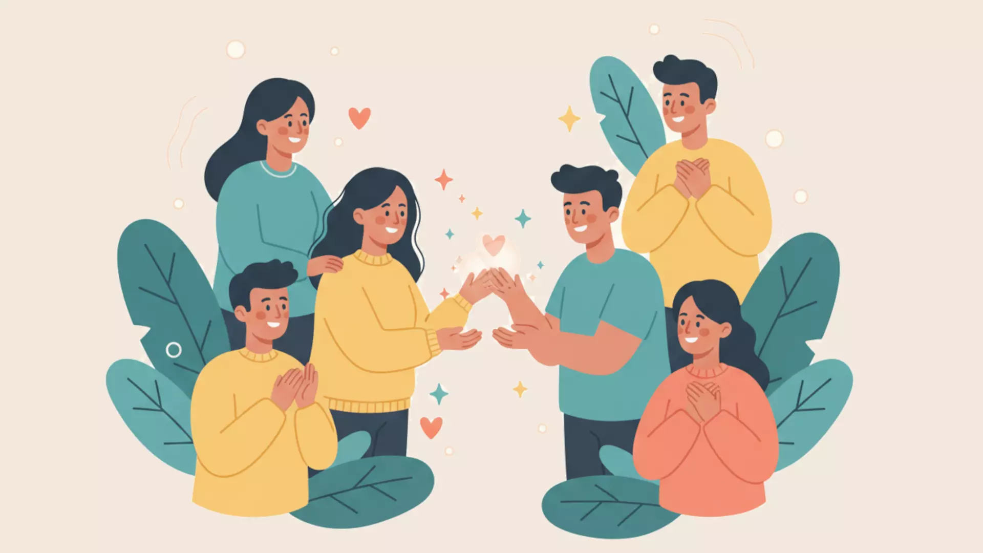 Illustration bienveillante : personnages faisant un high-five ou s'échangeant une étoile/étincelle, style gribouillis maîtrisé