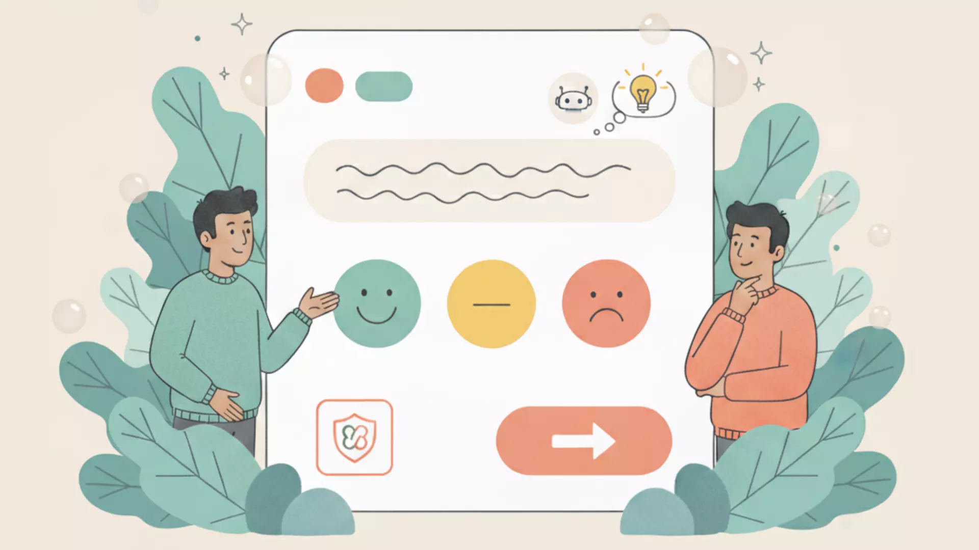 Illustration bienveillante : création d'un sondage avec l'IA, interface rassurante avec des formes organiques